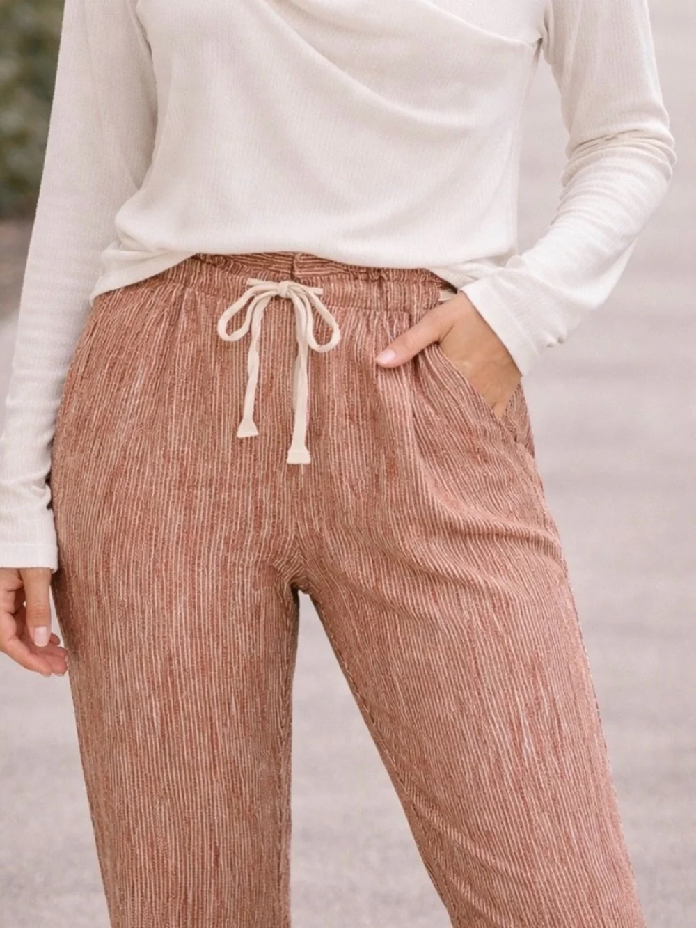 Free People Women's Ribbed Drawstring Pants - Blush Brown Size 6